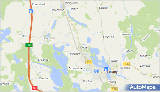 mapa Dębiec gmina Lipiany, Dębiec gmina Lipiany na mapie Targeo