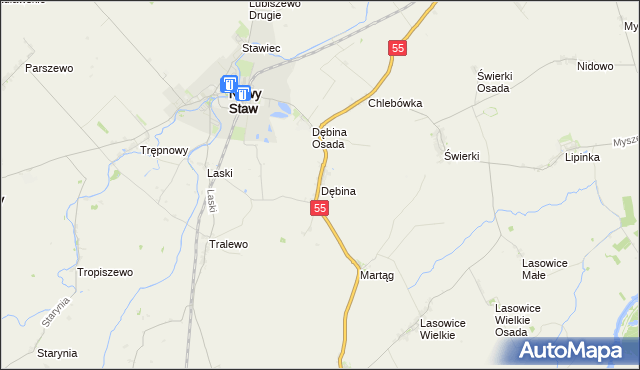 mapa Dębina gmina Nowy Staw, Dębina gmina Nowy Staw na mapie Targeo