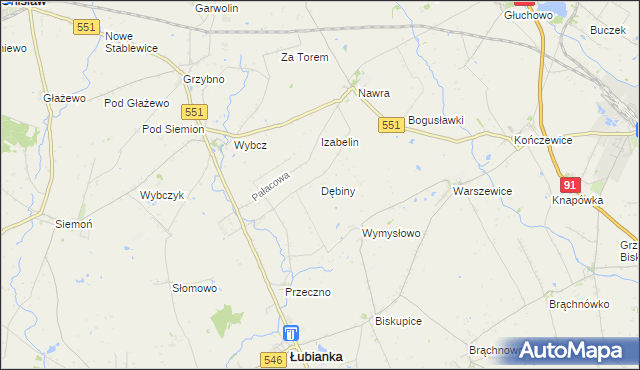 mapa Dębiny gmina Łubianka, Dębiny gmina Łubianka na mapie Targeo