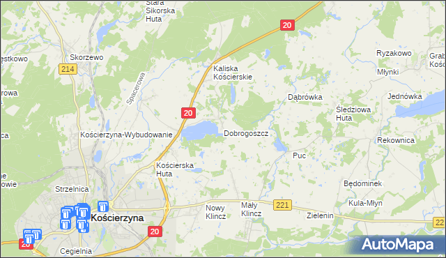 mapa Dobrogoszcz gmina Kościerzyna, Dobrogoszcz gmina Kościerzyna na mapie Targeo