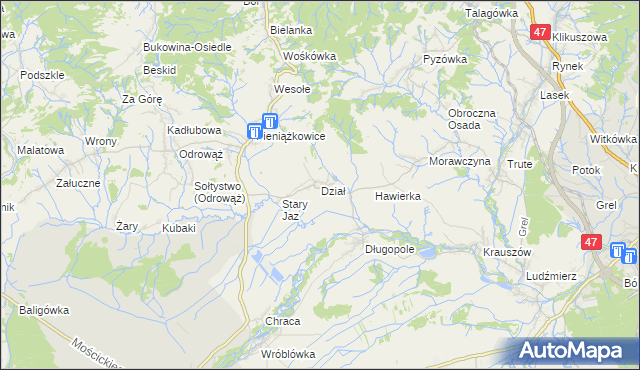 mapa Dział gmina Czarny Dunajec, Dział gmina Czarny Dunajec na mapie Targeo