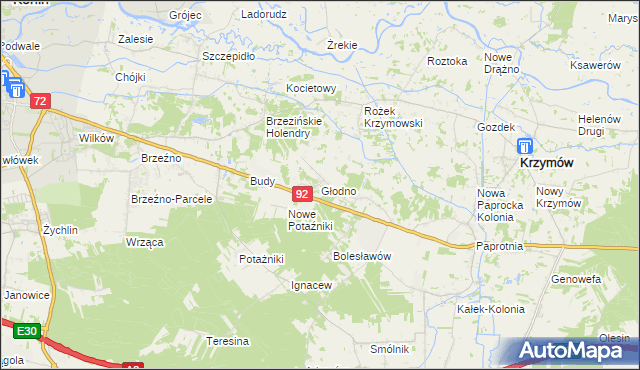 mapa Głodno gmina Krzymów, Głodno gmina Krzymów na mapie Targeo