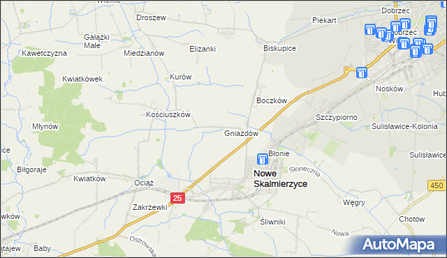 mapa Gniazdów gmina Nowe Skalmierzyce, Gniazdów gmina Nowe Skalmierzyce na mapie Targeo