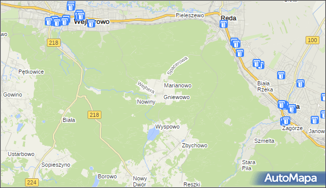 mapa Gniewowo gmina Wejherowo, Gniewowo gmina Wejherowo na mapie Targeo