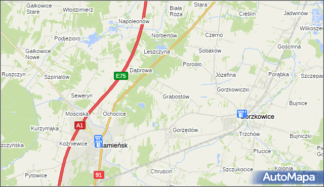 mapa Grabostów gmina Gorzkowice, Grabostów gmina Gorzkowice na mapie Targeo