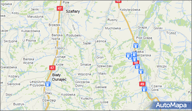mapa Groń gmina Bukowina Tatrzańska, Groń gmina Bukowina Tatrzańska na mapie Targeo