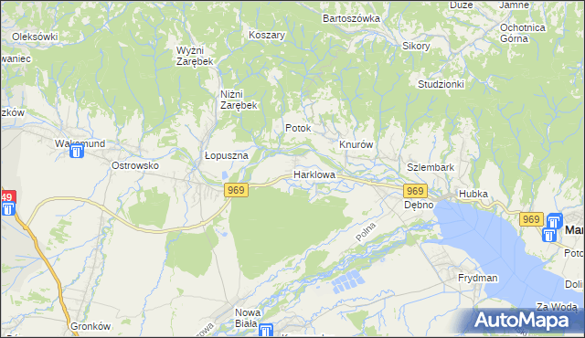 mapa Harklowa gmina Nowy Targ, Harklowa gmina Nowy Targ na mapie Targeo