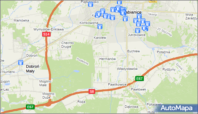 mapa Hermanów gmina Pabianice, Hermanów gmina Pabianice na mapie Targeo