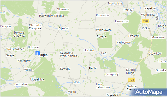 mapa Hucisko gmina Słupia Konecka, Hucisko gmina Słupia Konecka na mapie Targeo