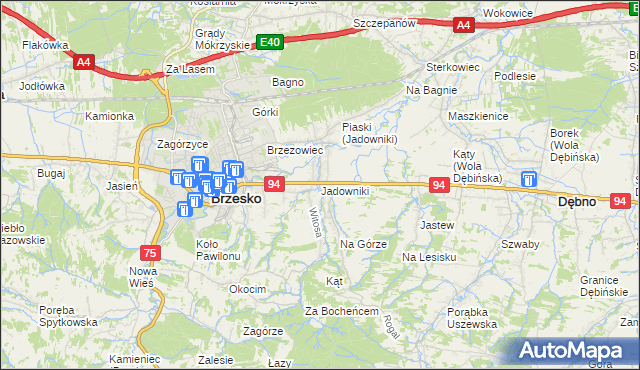 mapa Jadowniki gmina Brzesko, Jadowniki gmina Brzesko na mapie Targeo