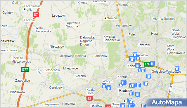 mapa Janiszew gmina Zakrzew, Janiszew gmina Zakrzew na mapie Targeo
