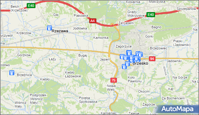 mapa Jasień gmina Brzesko, Jasień gmina Brzesko na mapie Targeo