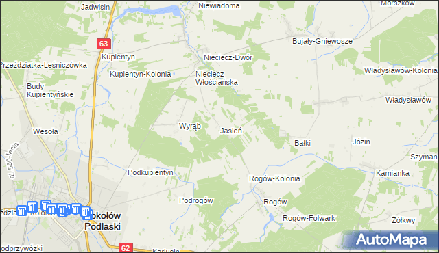 mapa Jasień gmina Repki, Jasień gmina Repki na mapie Targeo