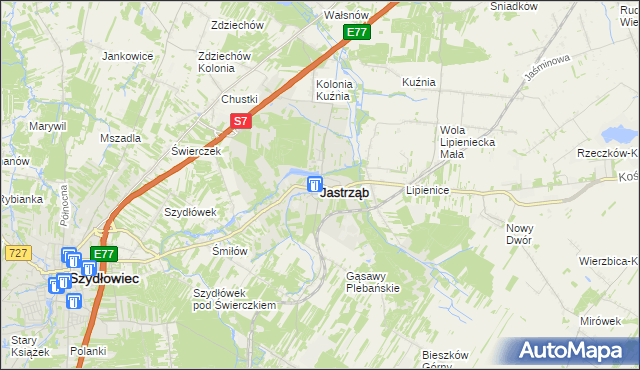 mapa Jastrząb powiat szydłowiecki, Jastrząb powiat szydłowiecki na mapie Targeo