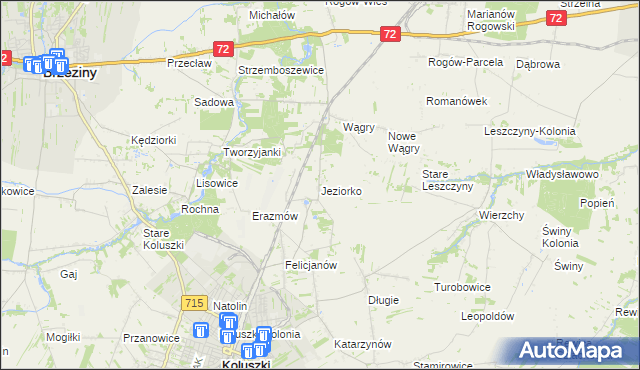 mapa Jeziorko gmina Koluszki, Jeziorko gmina Koluszki na mapie Targeo