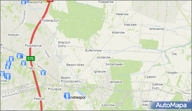 mapa Jordanów gmina Brzeziny, Jordanów gmina Brzeziny na mapie Targeo