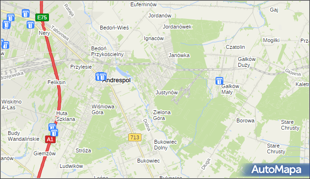 mapa Justynów gmina Andrespol, Justynów gmina Andrespol na mapie Targeo