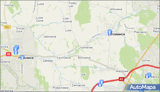 mapa Kamieniec gmina Zbrosławice, Kamieniec gmina Zbrosławice na mapie Targeo