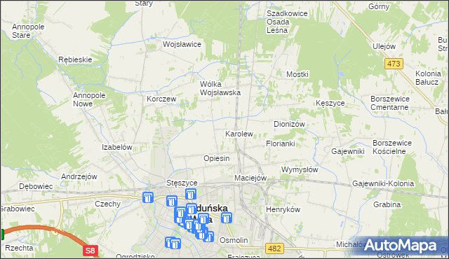 mapa Karolew gmina Zduńska Wola, Karolew gmina Zduńska Wola na mapie Targeo