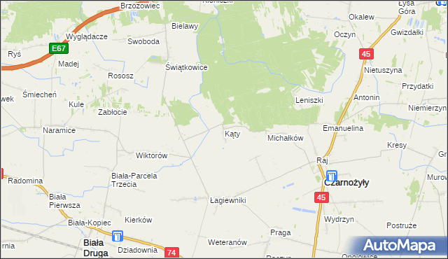 mapa Kąty gmina Czarnożyły, Kąty gmina Czarnożyły na mapie Targeo