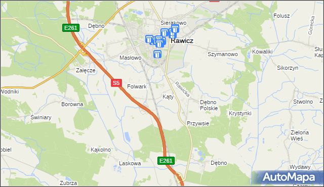 mapa Kąty gmina Rawicz, Kąty gmina Rawicz na mapie Targeo