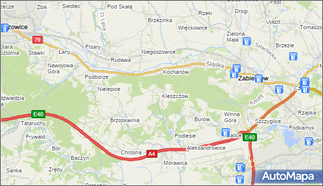 mapa Kleszczów gmina Zabierzów, Kleszczów gmina Zabierzów na mapie Targeo