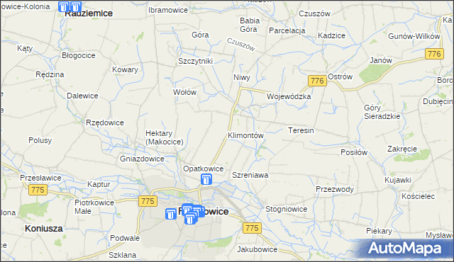 mapa Klimontów gmina Proszowice, Klimontów gmina Proszowice na mapie Targeo