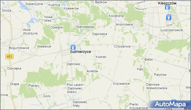 mapa Kodrań gmina Sulmierzyce, Kodrań gmina Sulmierzyce na mapie Targeo