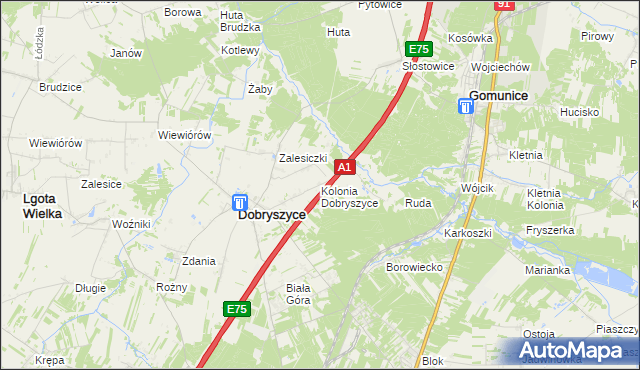 mapa Kolonia Dobryszyce, Kolonia Dobryszyce na mapie Targeo