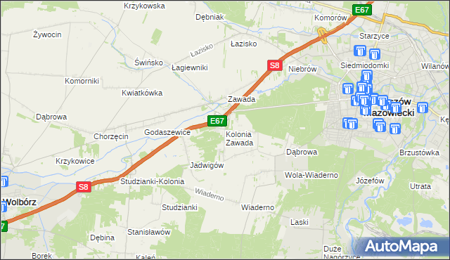 mapa Kolonia Zawada gmina Tomaszów Mazowiecki, Kolonia Zawada gmina Tomaszów Mazowiecki na mapie Targeo