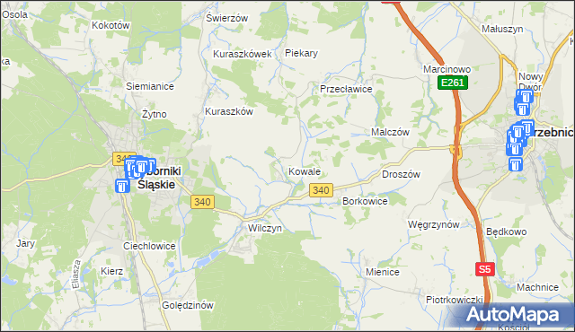 mapa Kowale gmina Oborniki Śląskie, Kowale gmina Oborniki Śląskie na mapie Targeo