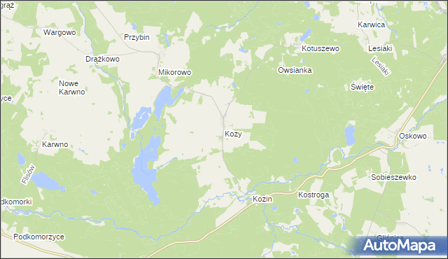 mapa Kozy gmina Czarna Dąbrówka, Kozy gmina Czarna Dąbrówka na mapie Targeo