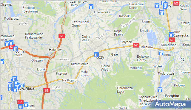 mapa Kozy powiat bielski, Kozy powiat bielski na mapie Targeo