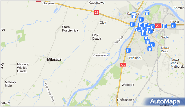 mapa Kraśniewo gmina Malbork, Kraśniewo gmina Malbork na mapie Targeo