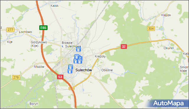 mapa Krężoły gmina Sulechów, Krężoły gmina Sulechów na mapie Targeo