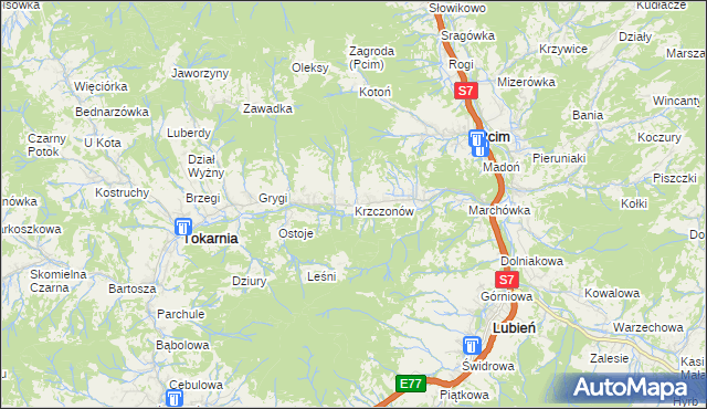 mapa Krzczonów gmina Tokarnia, Krzczonów gmina Tokarnia na mapie Targeo