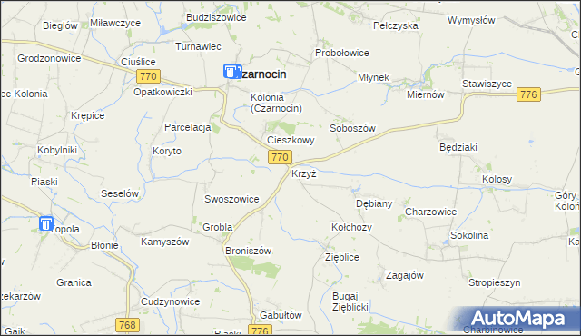 mapa Krzyż gmina Czarnocin, Krzyż gmina Czarnocin na mapie Targeo
