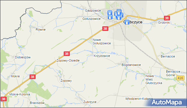 mapa Krzyżowice gmina Głubczyce, Krzyżowice gmina Głubczyce na mapie Targeo