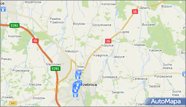 mapa Księginice gmina Trzebnica, Księginice gmina Trzebnica na mapie Targeo