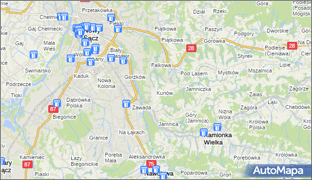 mapa Kunów gmina Chełmiec, Kunów gmina Chełmiec na mapie Targeo