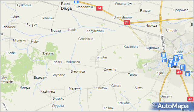 mapa Kurów gmina Wieluń, Kurów gmina Wieluń na mapie Targeo