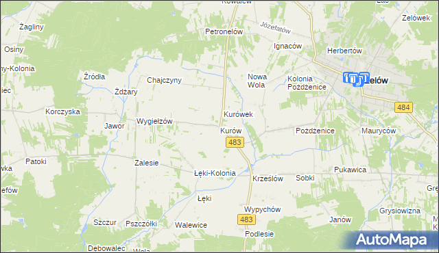 mapa Kurów gmina Zelów, Kurów gmina Zelów na mapie Targeo