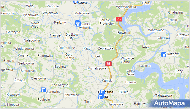 mapa Łęki gmina Łososina Dolna, Łęki gmina Łososina Dolna na mapie Targeo