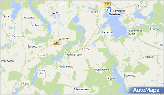 mapa Łężce gmina Chrzypsko Wielkie, Łężce gmina Chrzypsko Wielkie na mapie Targeo