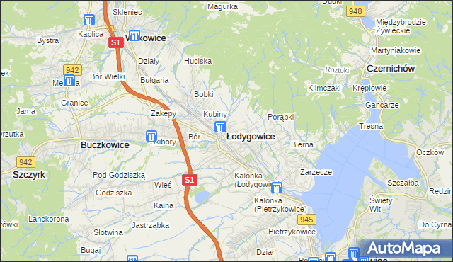 mapa Łodygowice powiat żywiecki, Łodygowice powiat żywiecki na mapie Targeo