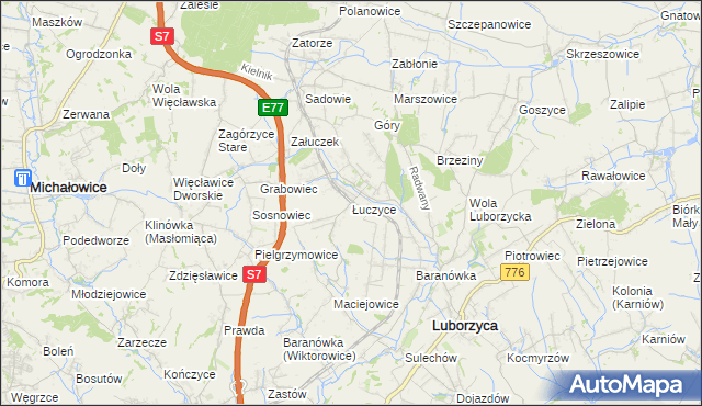 mapa Łuczyce gmina Kocmyrzów-Luborzyca, Łuczyce gmina Kocmyrzów-Luborzyca na mapie Targeo