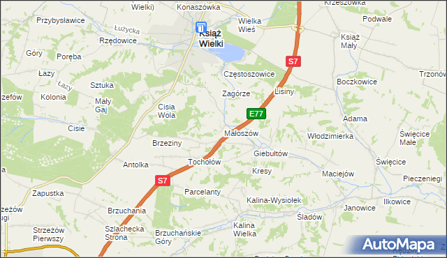 mapa Małoszów gmina Książ Wielki, Małoszów gmina Książ Wielki na mapie Targeo