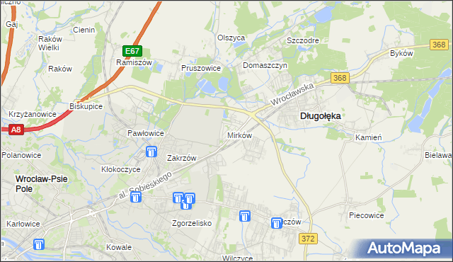 mapa Mirków gmina Długołęka, Mirków gmina Długołęka na mapie Targeo