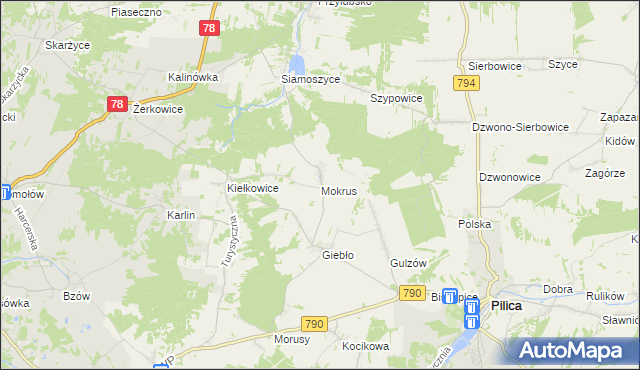 mapa Mokrus gmina Ogrodzieniec, Mokrus gmina Ogrodzieniec na mapie Targeo