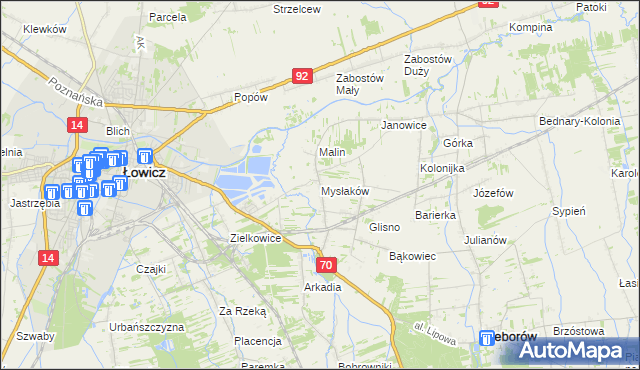 mapa Mysłaków gmina Nieborów, Mysłaków gmina Nieborów na mapie Targeo